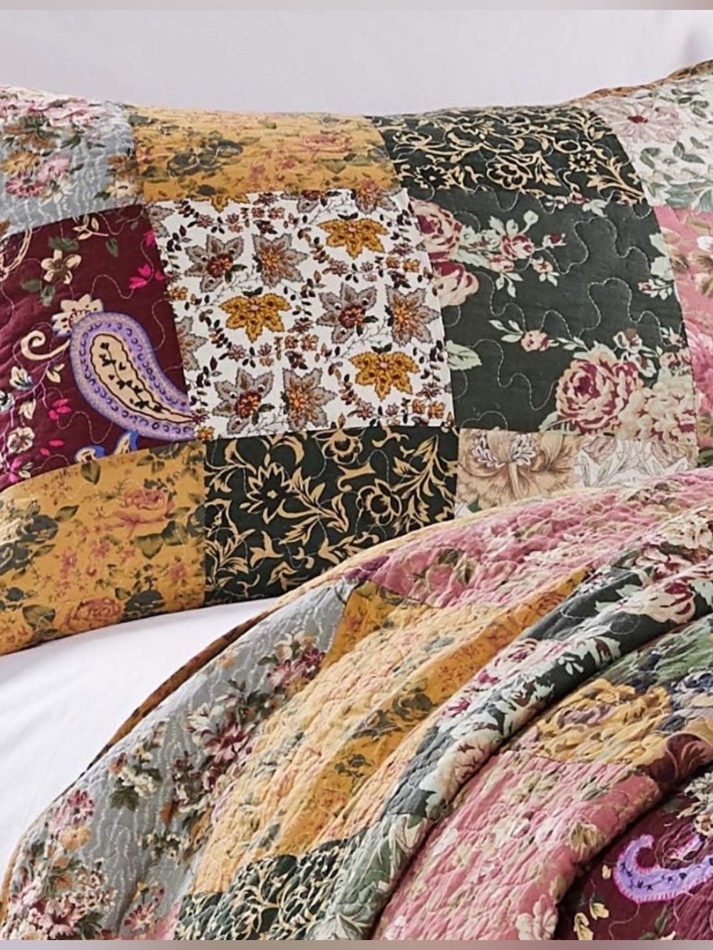 NEW Anthro Cotton Floral Reversible Patchwork Queen King Bedding Quilt Sham Set - Picture 10 of 15